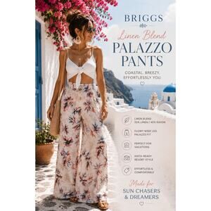 BRIGGS Linen Blend Palazzo Pants Coastal Tropical Resort Wide Leg L
